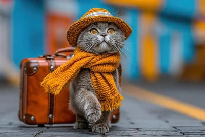 Gato viajante com chapéu e mala