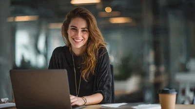 Mulher sorridente trabalhando com laptop