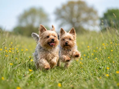 Dois cachorros yorkshire terrier correndo na grama
