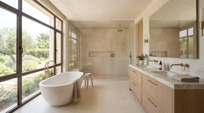 Banheiro moderno com banheira e vista para o jardim