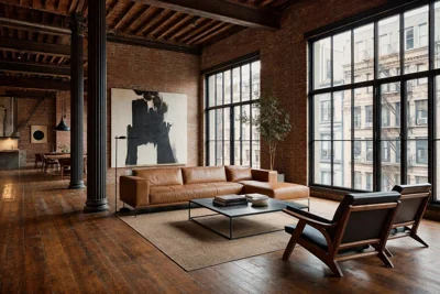 Sala de estar em loft industrial