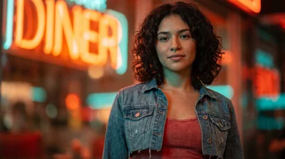 Mulher com jaqueta jeans em frente a letreiro neon