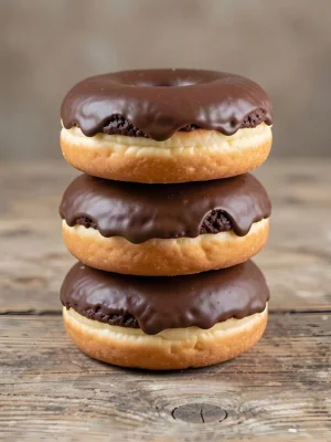 Três donuts com cobertura de chocolate empilhados
