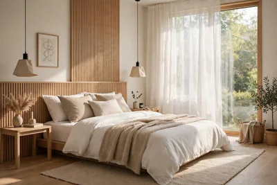 Quarto com cama de casal e painel de madeira ripada