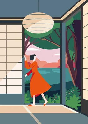 Ilustração de mulher em casa com vista para o jardim