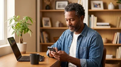Homem usando smartphone em escritório em casa