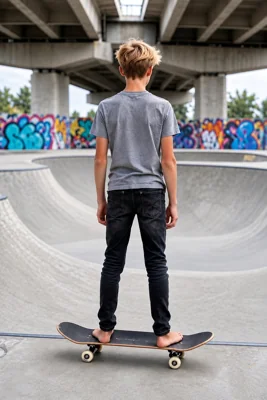 Jovem descalço em cima de um skate em pista de skate