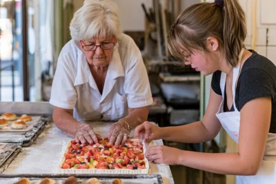 Avó e menina assando uma torta