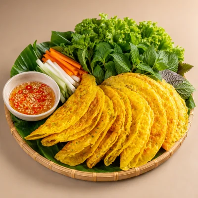 Bánh xèo vietnamita com acompanhamentos