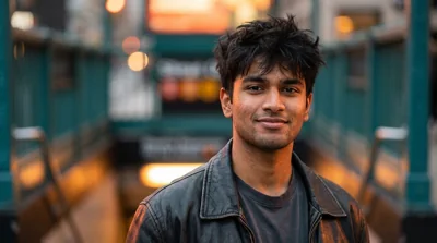 Homem jovem sorrindo perto da estação de metrô