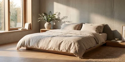 Quarto minimalista com cama de linho