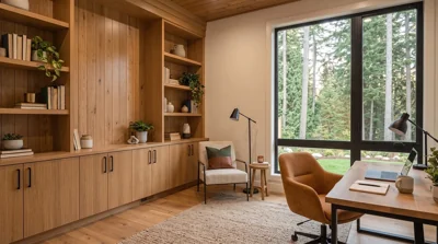 Escritório com vista para a floresta